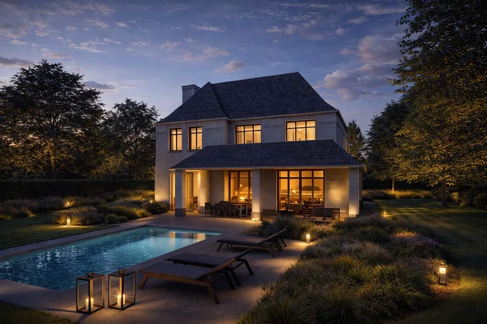 gevel klassieke nieuwbouwwoning Brugse rand met zwembad – J.A.N Plus Architecten