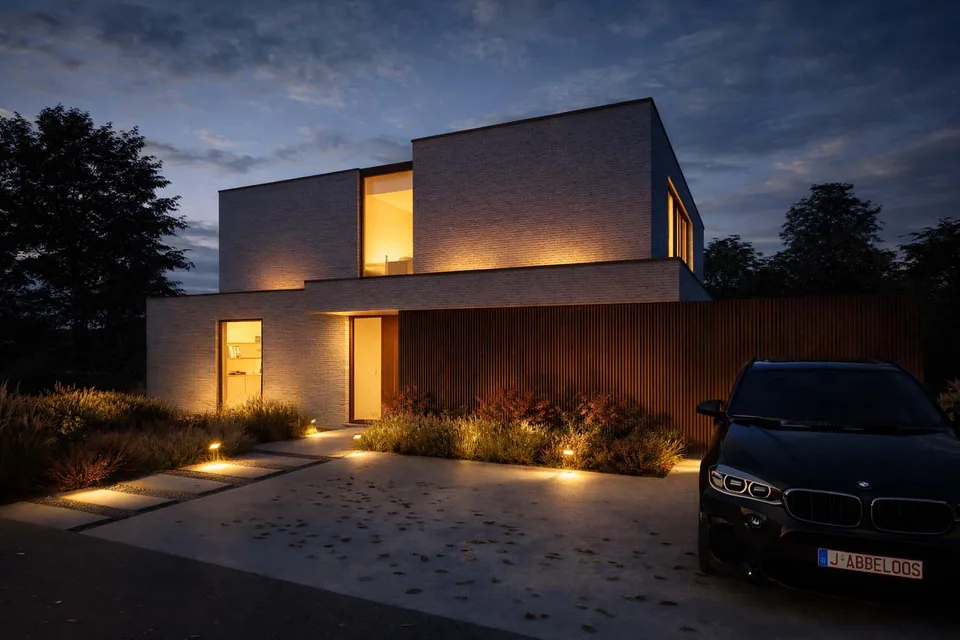 Voorgevel nieuwbouwwoning in Sijsele, Damme door J.A.N plus Architecten