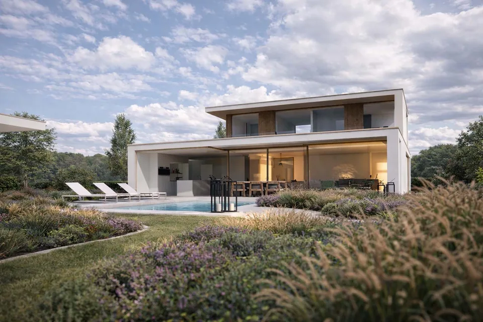 Achtergevel nieuwbouwwoning in Gistel met zwembad door J.A.N Plus Architecten