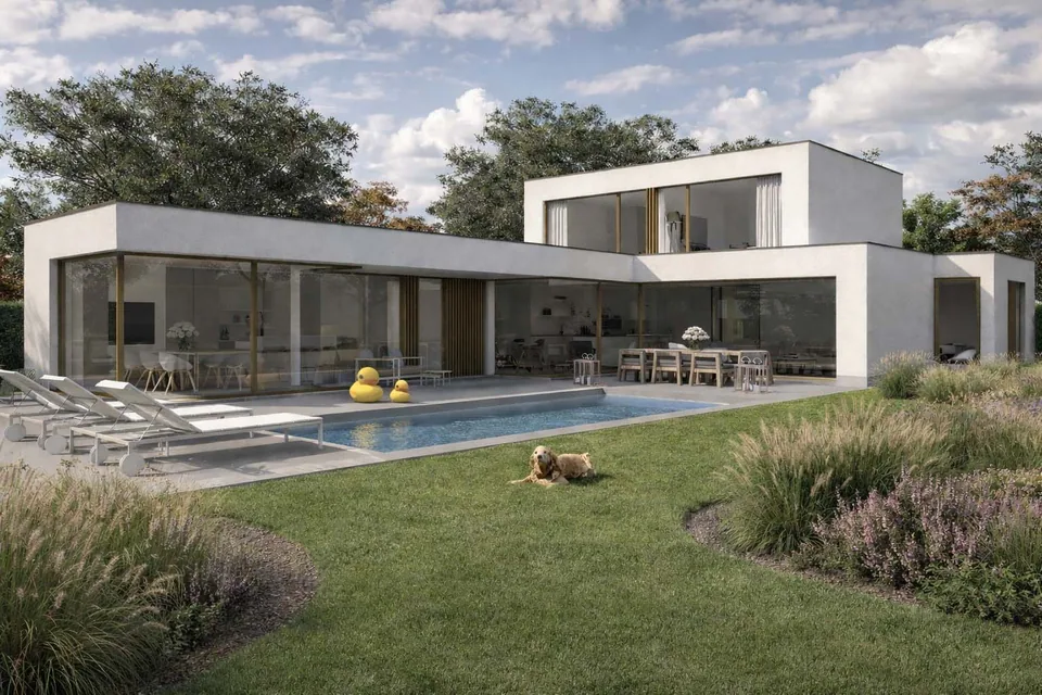 Tuin en zwembad bij nieuwbouwwoning Koekelare