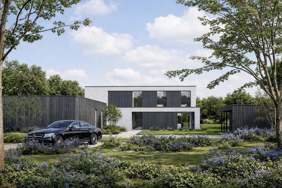 Voorgevel nieuwbouwwoning in Oedelem door J.A.N plus Architecten
