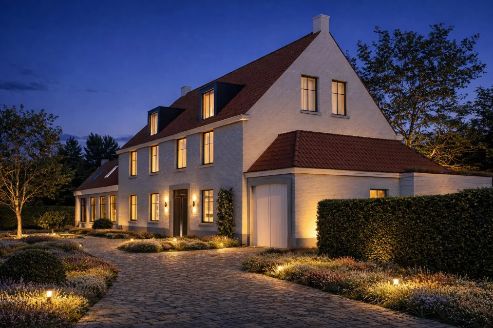 Avondbeeld van de nieuwbouwwoning in Brugge