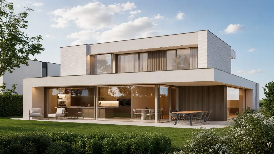 Achtergevel met grote raampartijen van de nieuwbouwwoning in Ichtegem