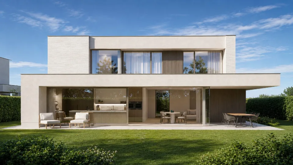 Achtergevel met grote raampartijen van de nieuwbouwwoning in Ichtegem