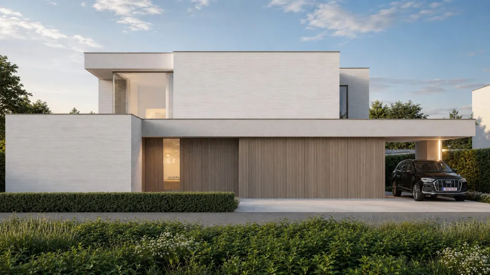 Voorgevel van de nieuwbouwwoning in Ichtegem, ontworpen door J.A.N plus Architecten
