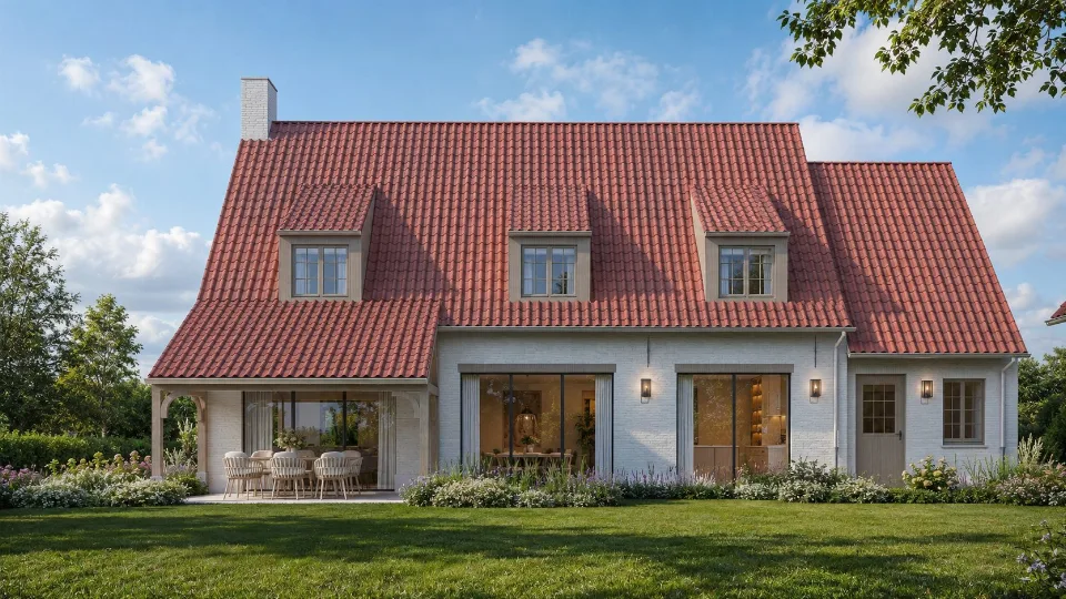 Achtergevel met grote raampartijen van de nieuwbouwwoning in Maldegem