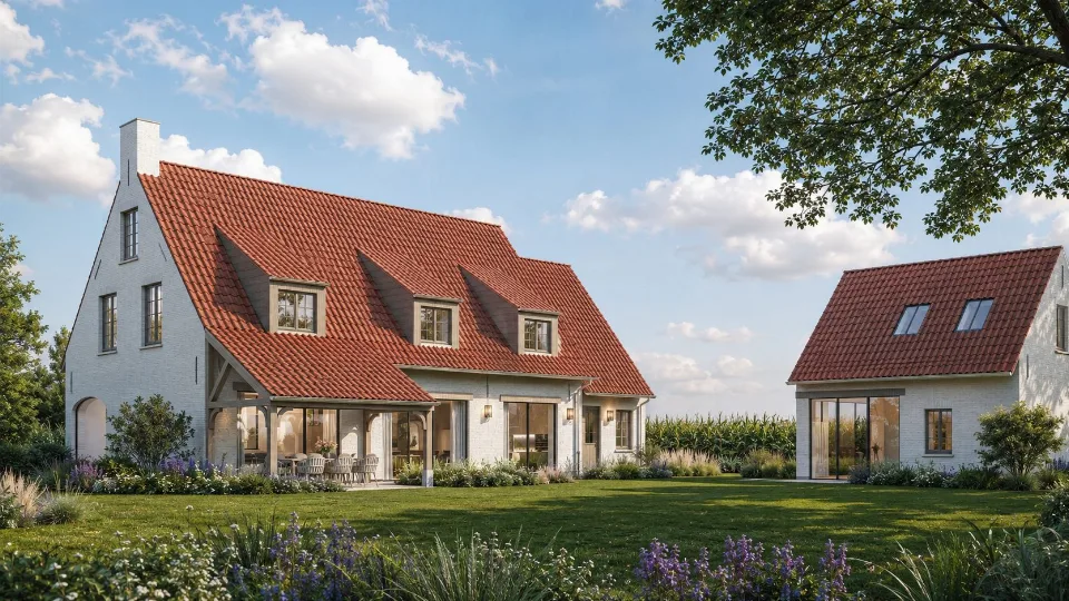 Achtergevel met grote raampartijen van de nieuwbouwwoning in Maldegem