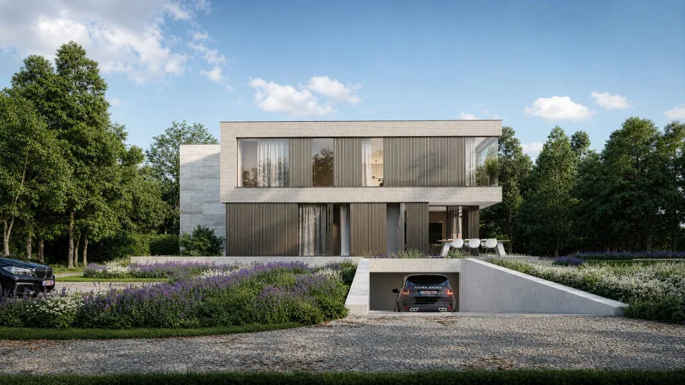 Voorgevel van de nieuwbouwwoning in Oostkamp, ontworpen door J.A.N plus Architecten