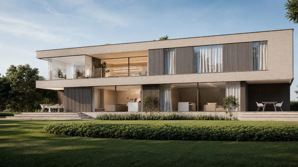 Achtergevel met grote raampartijen van de nieuwbouwwoning in Oostkamp