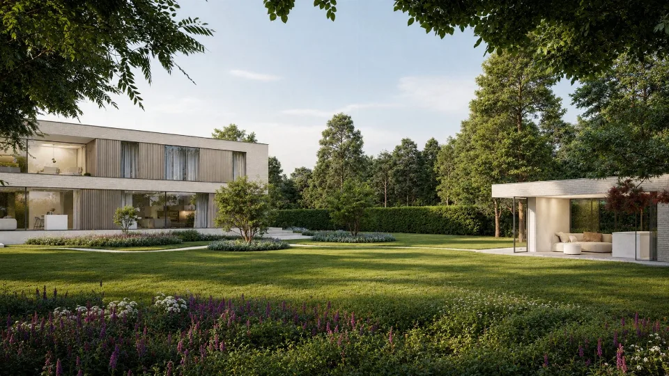 Tuinzicht bij de nieuwbouwwoning in Oostkamp