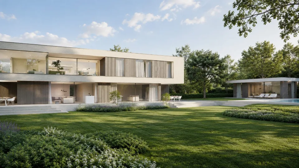 Tuinzicht bij de nieuwbouwwoning in Oostkamp