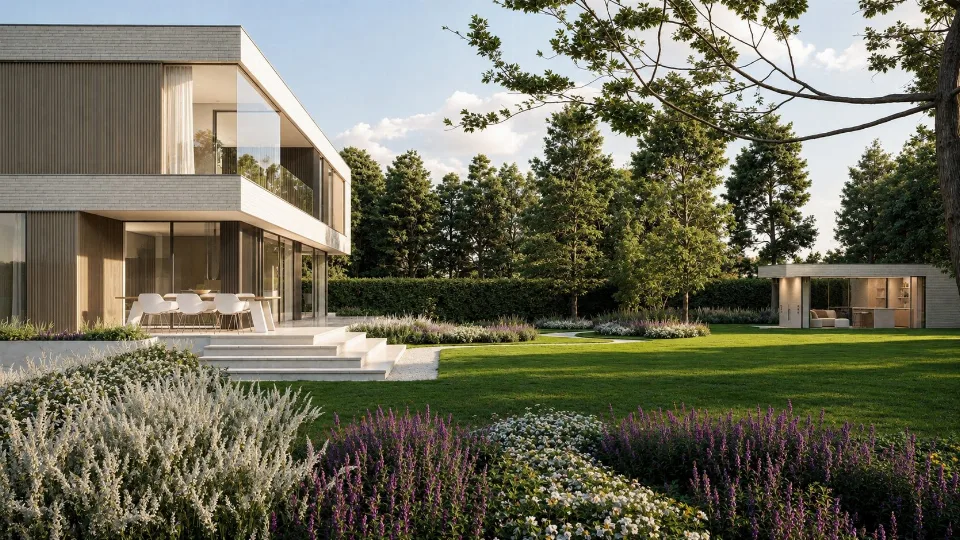 Terras en buitenruimte van de nieuwbouwwoning in Oostkamp