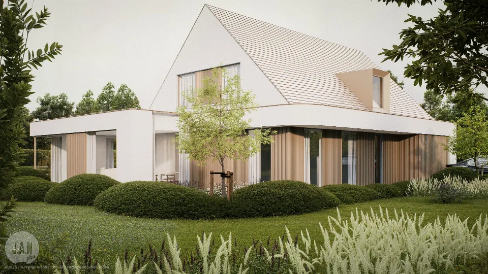 Voorgevel van de gerenoveerde woning in Beernem, ontworpen door J.A.N plus Architecten