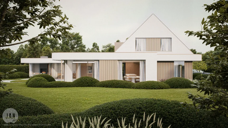 Perspectief op de gerenoveerde woning in Beernem