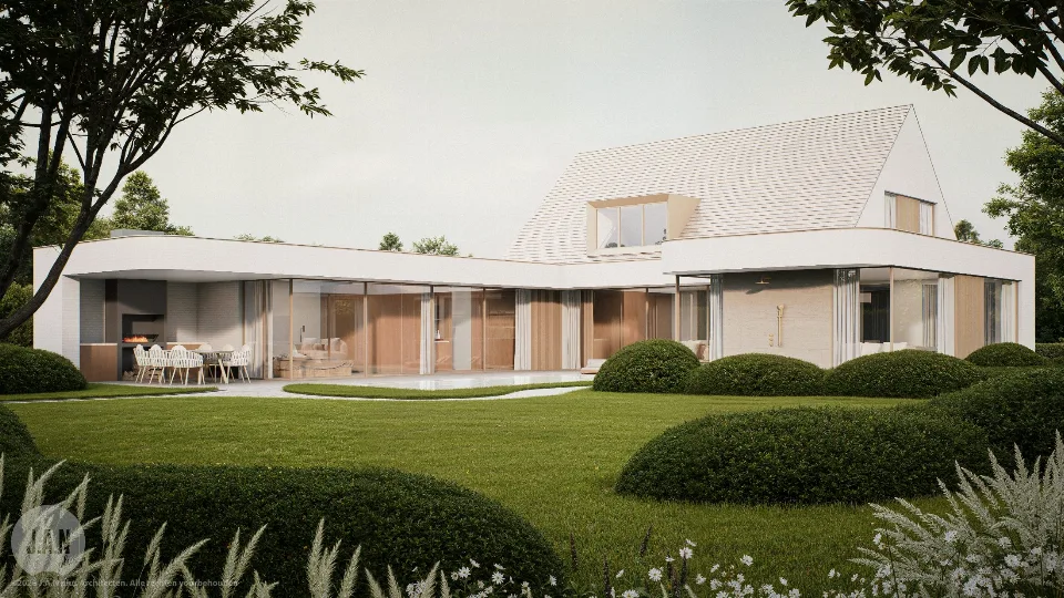 Achtergevel met grote raampartijen van de gerenoveerde woning in Beernem