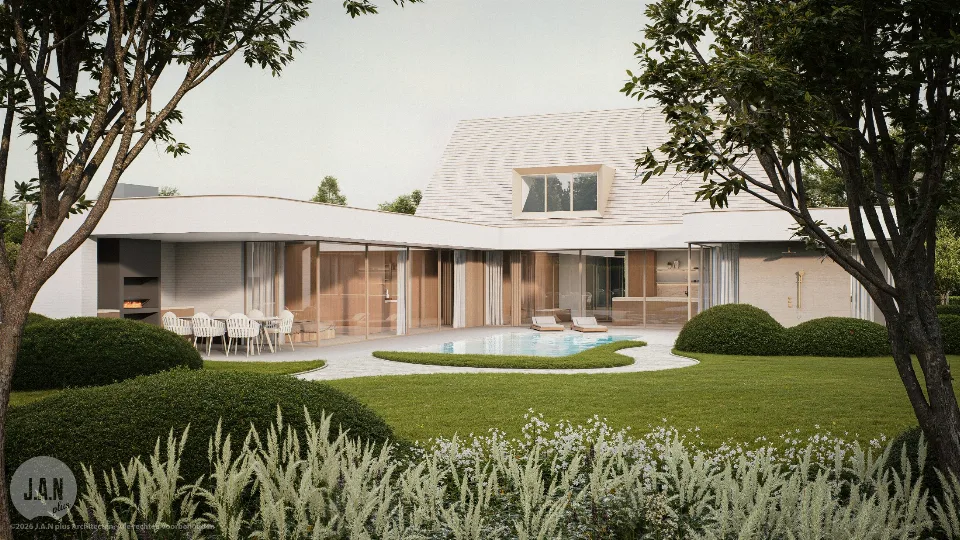 Perspectief op de gerenoveerde woning in Beernem