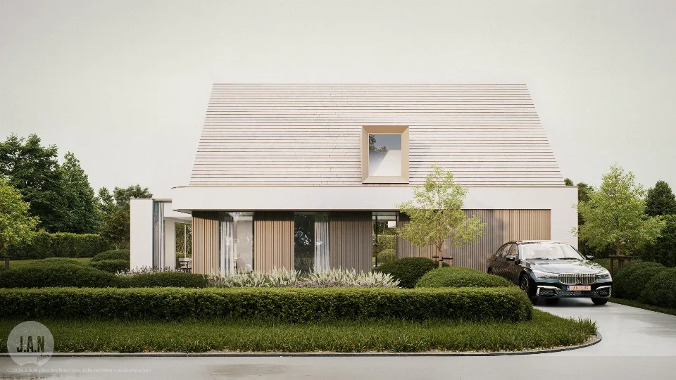 Voorgevel van de gerenoveerde woning in Beernem, ontworpen door J.A.N plus Architecten