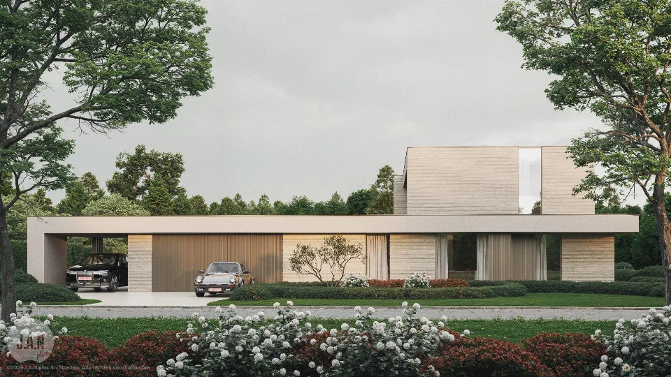 Voorgevel van de gerenoveerde woning in Gavere, ontworpen door J.A.N plus Architecten