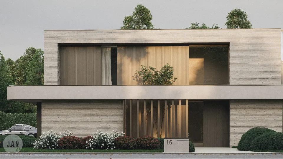 Voorgevel van de gerenoveerde woning in Gavere, ontworpen door J.A.N plus Architecten