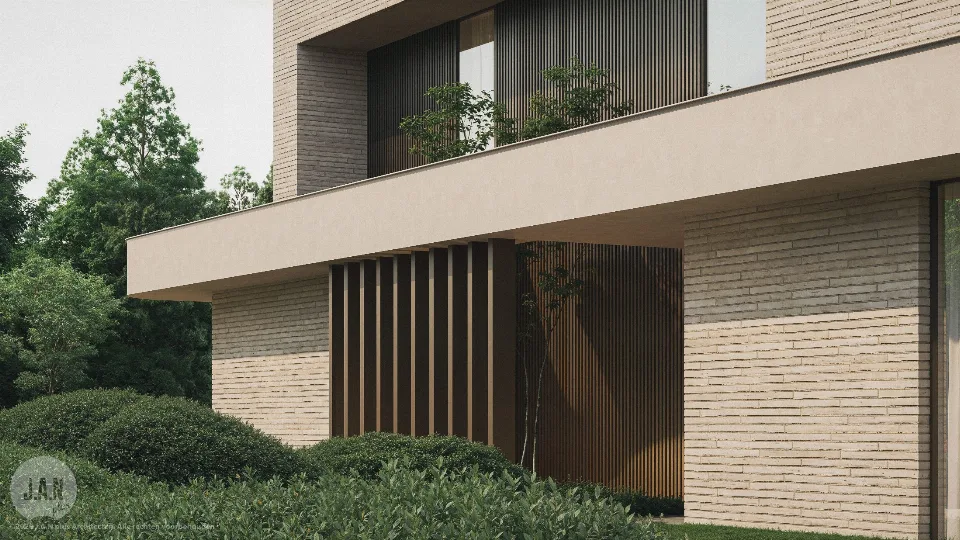 Detail van de gevelafwerking van de gerenoveerde woning in Gavere