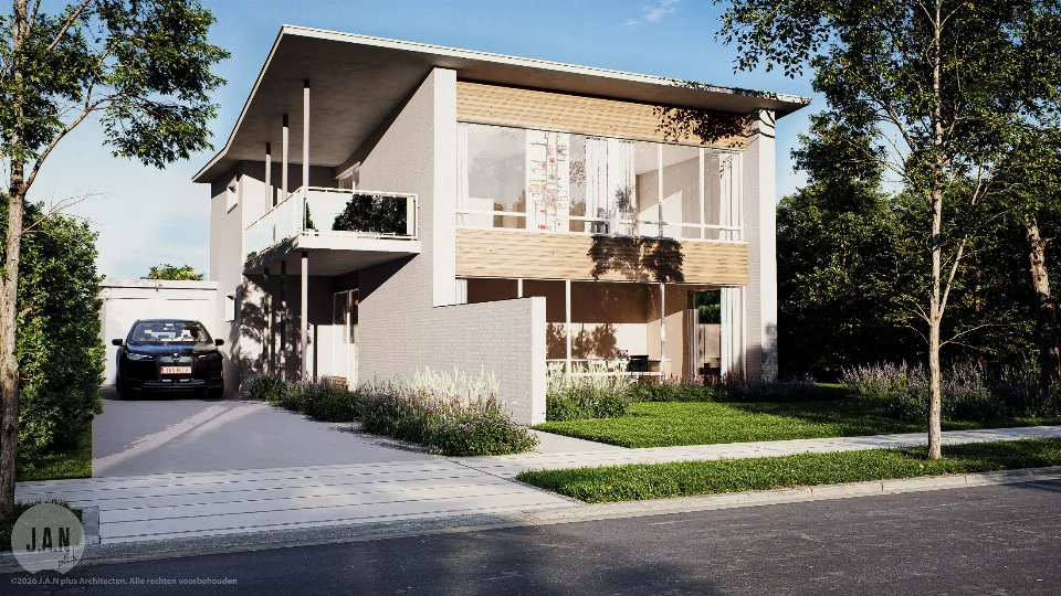 Voorgevel van de gerenoveerde woning in Brugge (Sint-Andries), ontworpen door J.A.N plus Architecten