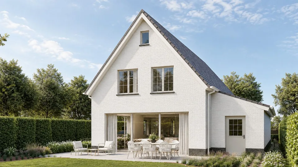 Achtergevel met grote raampartijen van de gerenoveerde woning in Sijsele Damme