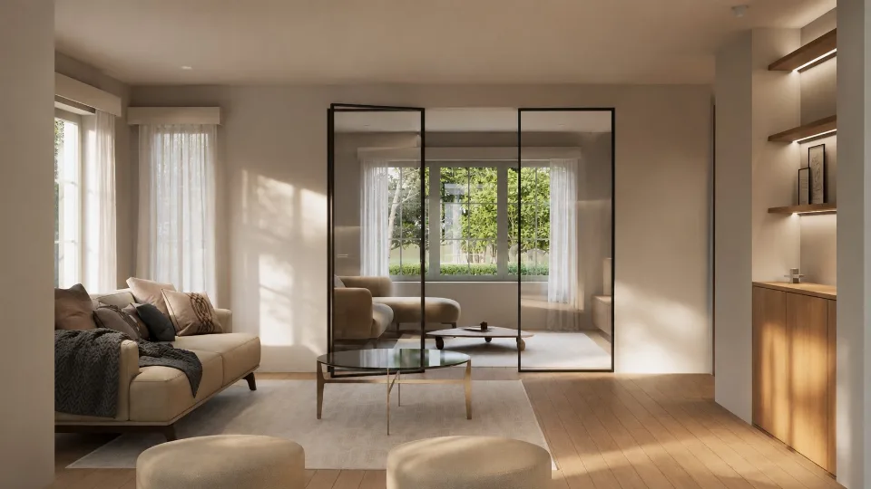 Open leefruimte met veel natuurlijk daglicht in de gerenoveerde woning in Sijsele Damme
