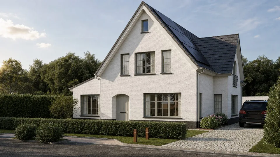 Voorgevel van de gerenoveerde woning in Sijsele Damme, ontworpen door J.A.N plus Architecten