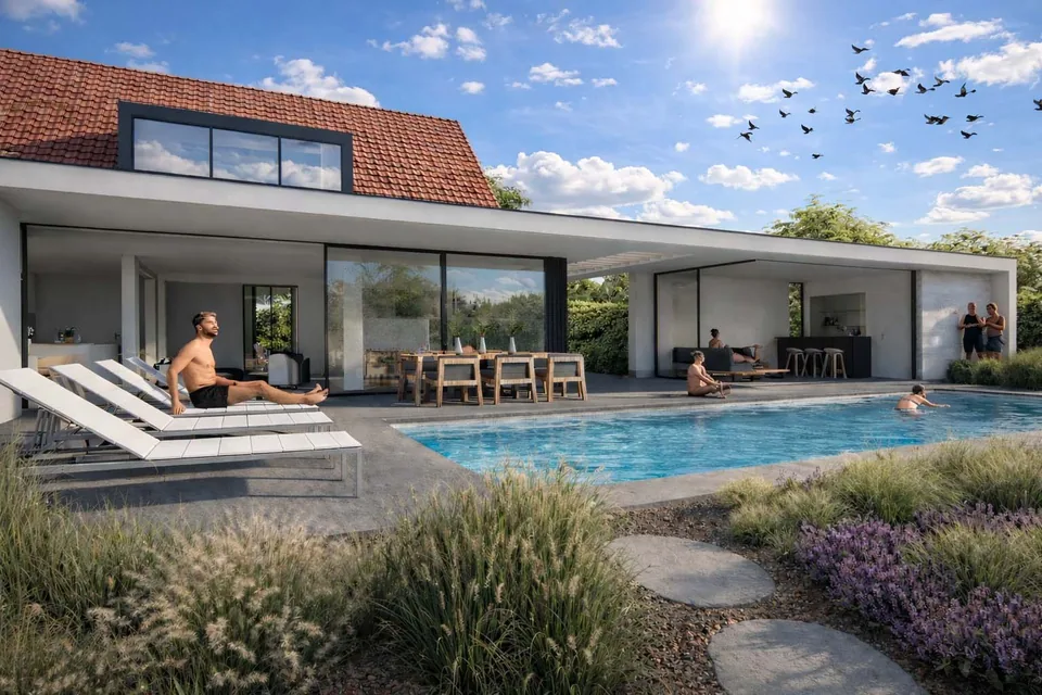 Achterggevel woning in Brugge met poolhouse en zwembad door J.A.N Plus Architecten